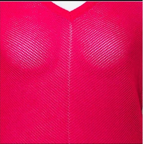 Banana Republic Bright Pink Open Knit V-Neck Sweater PS Lightweight Barbiecore - Picture 7 of 9